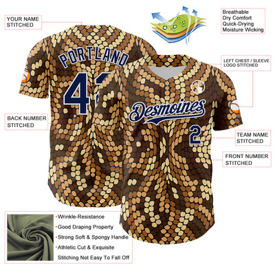 Custom Brown Navy-White 3D Pattern Design Burner Costumes Snake Print Authentic Baseball Jersey