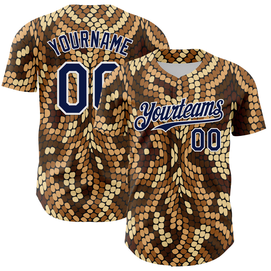 Custom Brown Navy-White 3D Pattern Design Burner Costumes Snake Print Authentic Baseball Jersey
