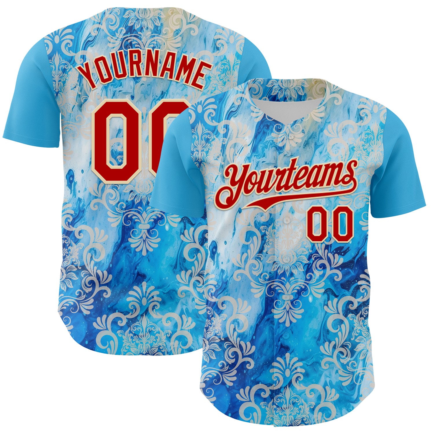 Custom Sky Blue Red-Cream 3D Pattern Design Burner Costumes Paisley Bandana Authentic Baseball Jersey