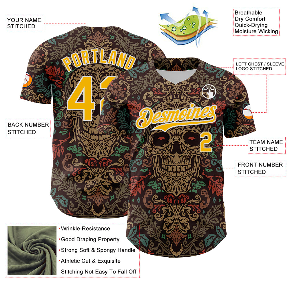 Custom Brown Gold-White 3D Pattern Design Burner Costumes Skull Floral Authentic Baseball Jersey