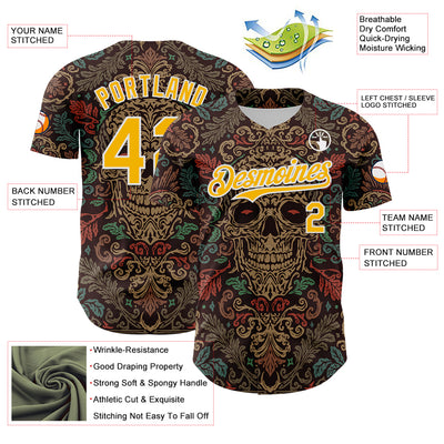 Custom Brown Gold-White 3D Pattern Design Burner Costumes Skull Floral Authentic Baseball Jersey