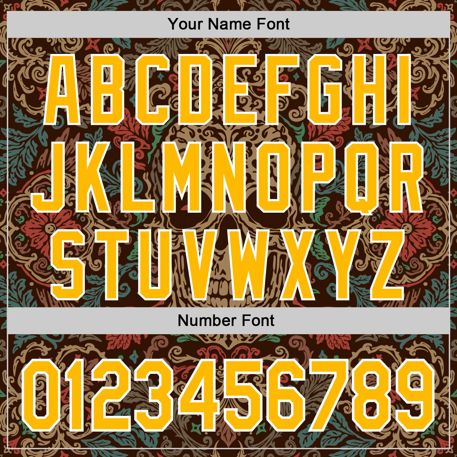 Custom Brown Gold-White 3D Pattern Design Burner Costumes Skull Floral Authentic Baseball Jersey