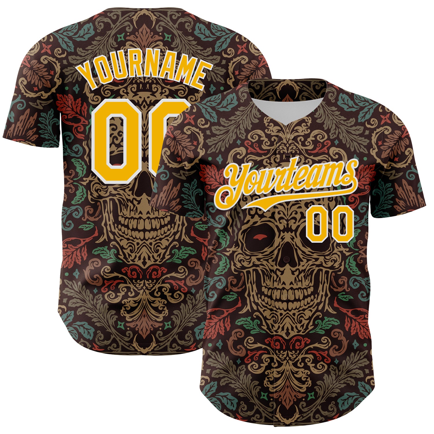 Custom Brown Gold-White 3D Pattern Design Burner Costumes Skull Floral Authentic Baseball Jersey
