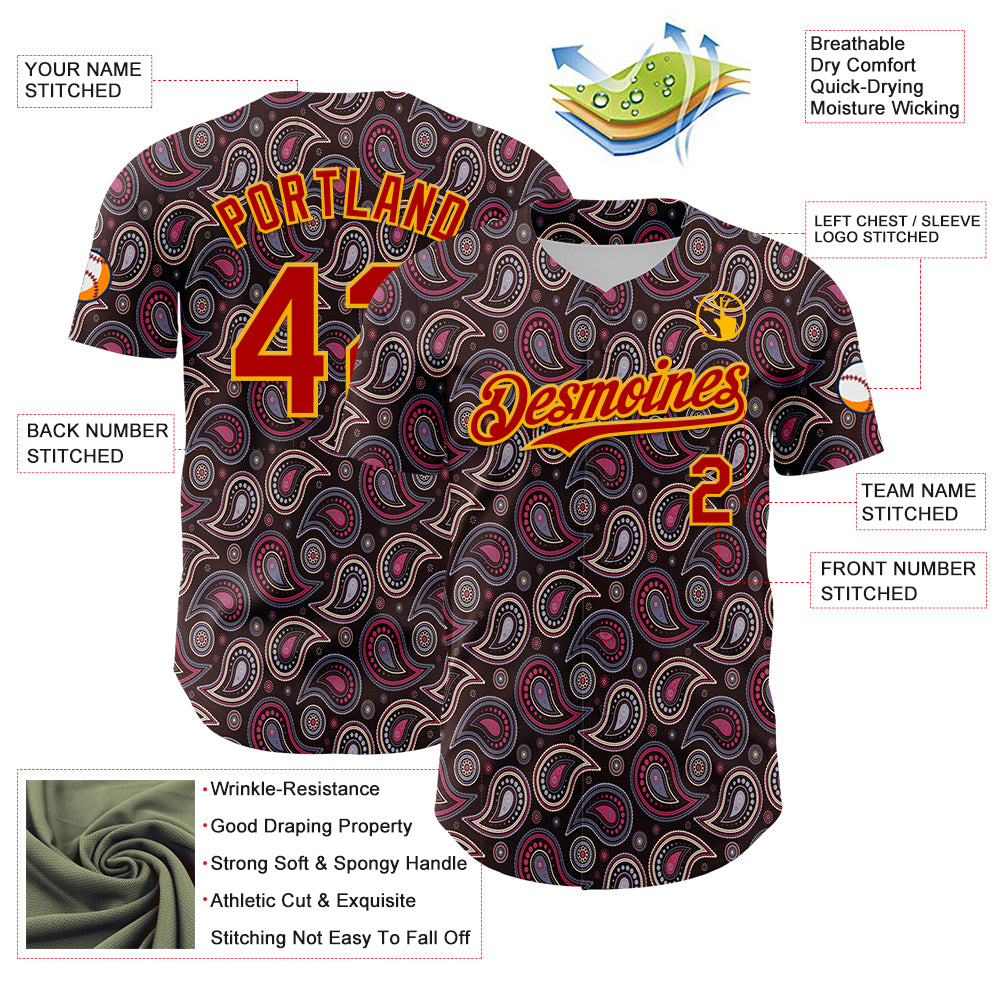 Custom Brown Red-Gold 3D Pattern Design Burner Costumes Paisley Bandana Authentic Baseball Jersey