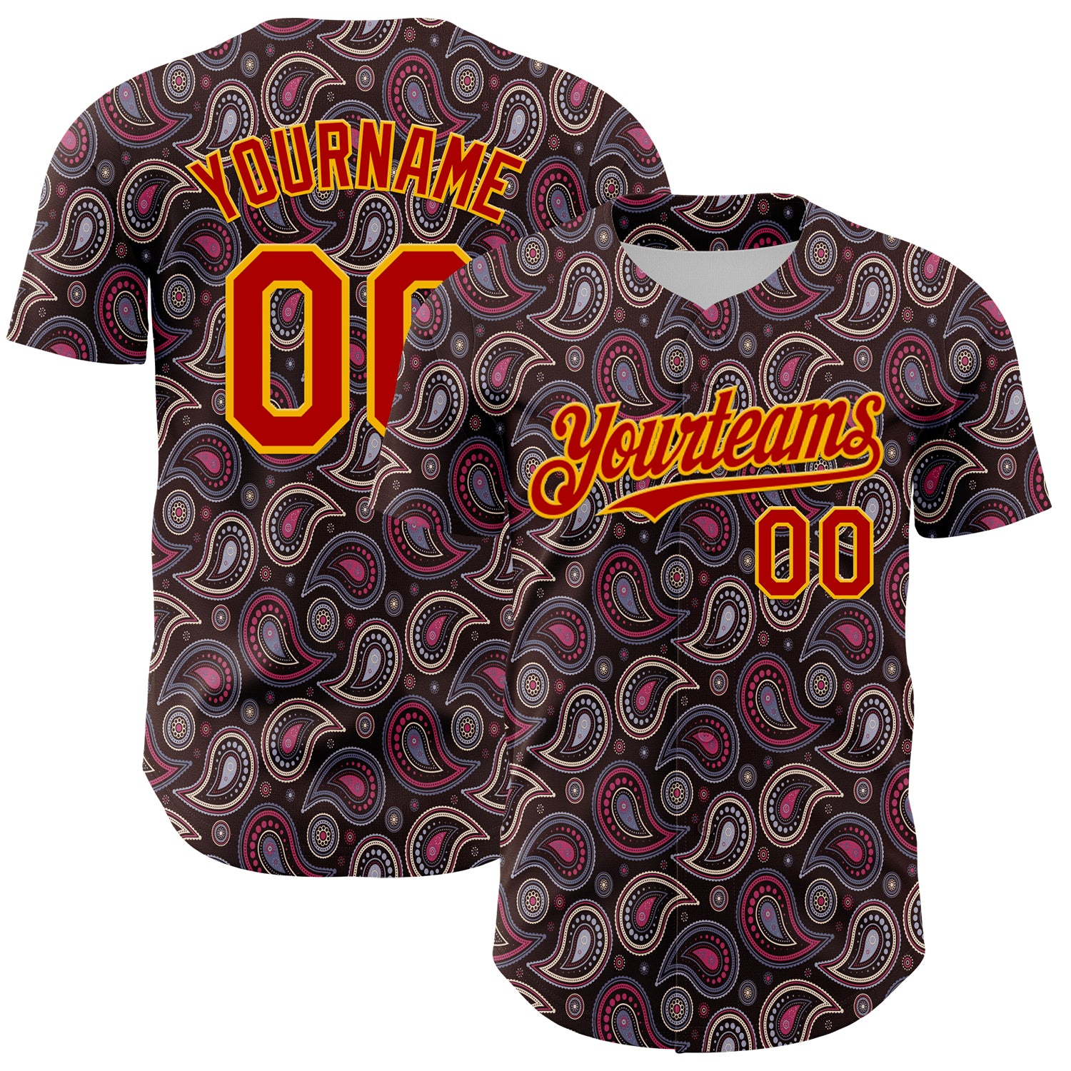 Custom Brown Red-Gold 3D Pattern Design Burner Costumes Paisley Bandana Authentic Baseball Jersey