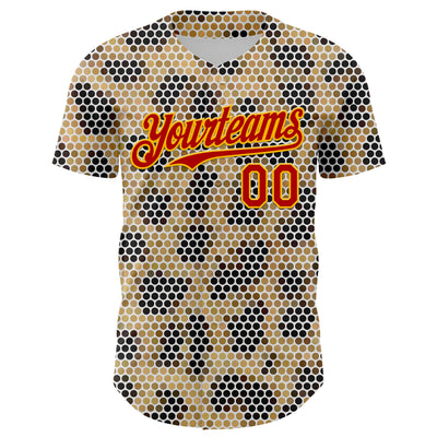 Custom Cream Red-Gold 3D Pattern Design Burner Costumes Leopard Mosaic Authentic Baseball Jersey
