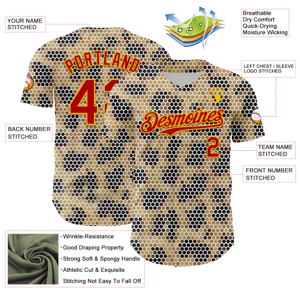 Custom Cream Red-Gold 3D Pattern Design Burner Costumes Leopard Mosaic Authentic Baseball Jersey