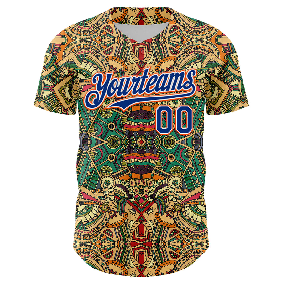 Custom Green Royal White-Orange 3D Pattern Design Burner Costumes Exotic Authentic Baseball Jersey