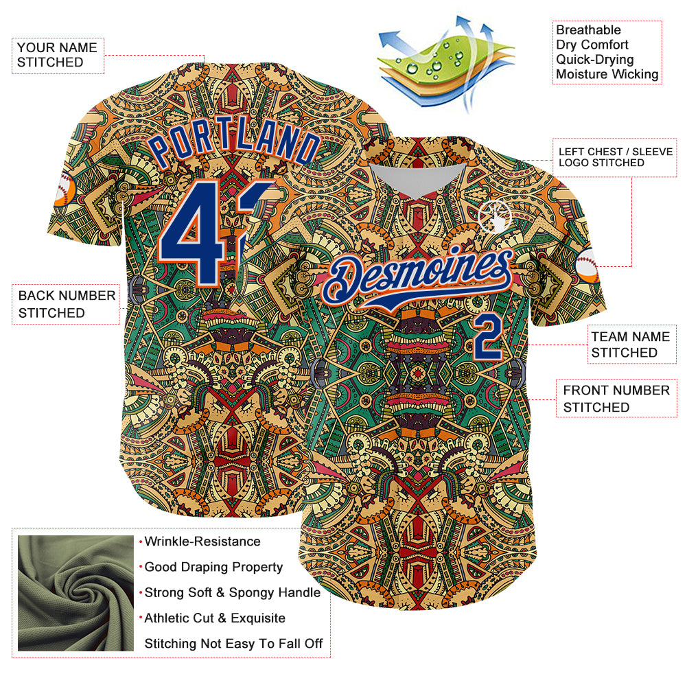 Custom Green Royal White-Orange 3D Pattern Design Burner Costumes Exotic Authentic Baseball Jersey