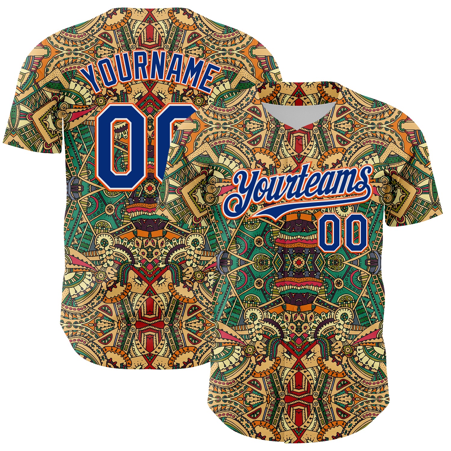 Custom Green Royal White-Orange 3D Pattern Design Burner Costumes Exotic Authentic Baseball Jersey