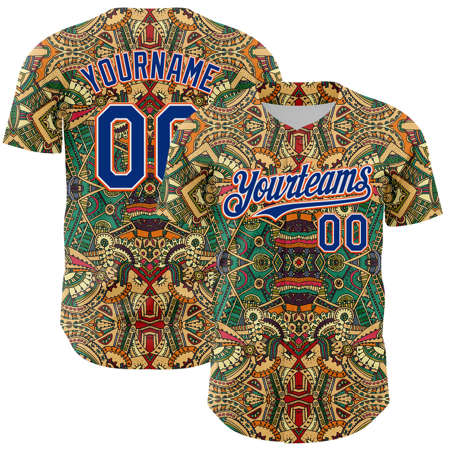 Custom Green Royal White-Orange 3D Pattern Design Burner Costumes Exotic Authentic Baseball Jersey