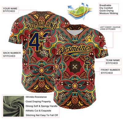 Custom Red Navy-Gold 3D Pattern Design Burner Costumes Exotic Authentic Baseball Jersey