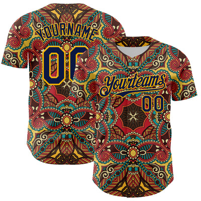Custom Red Navy-Gold 3D Pattern Design Burner Costumes Exotic Authentic Baseball Jersey