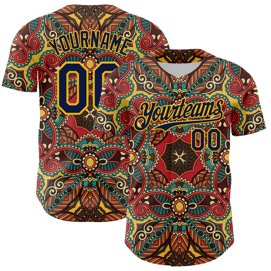 Custom Red Navy-Gold 3D Pattern Design Burner Costumes Exotic Authentic Baseball Jersey
