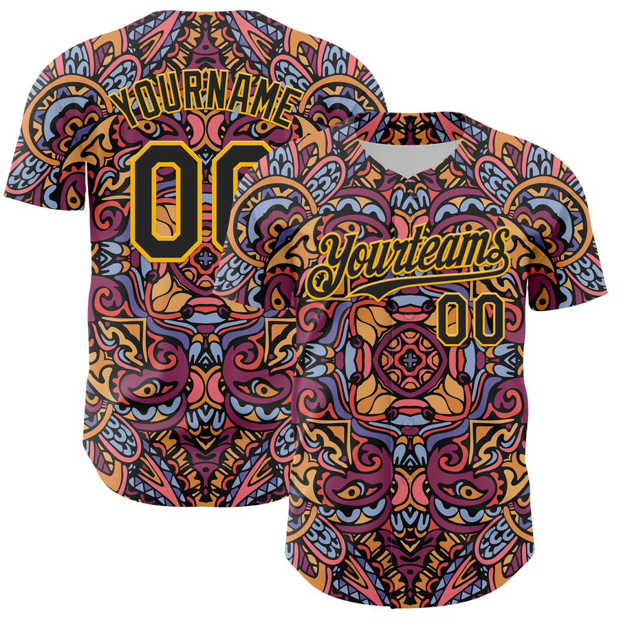 Custom Purple Black-Gold 3D Pattern Design Burner Costumes Exotic Authentic Baseball Jersey