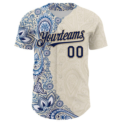 Custom Cream Navy Royal-Vegas Gold 3D Pattern Design Burner Costumes Paisley Authentic Baseball Jersey