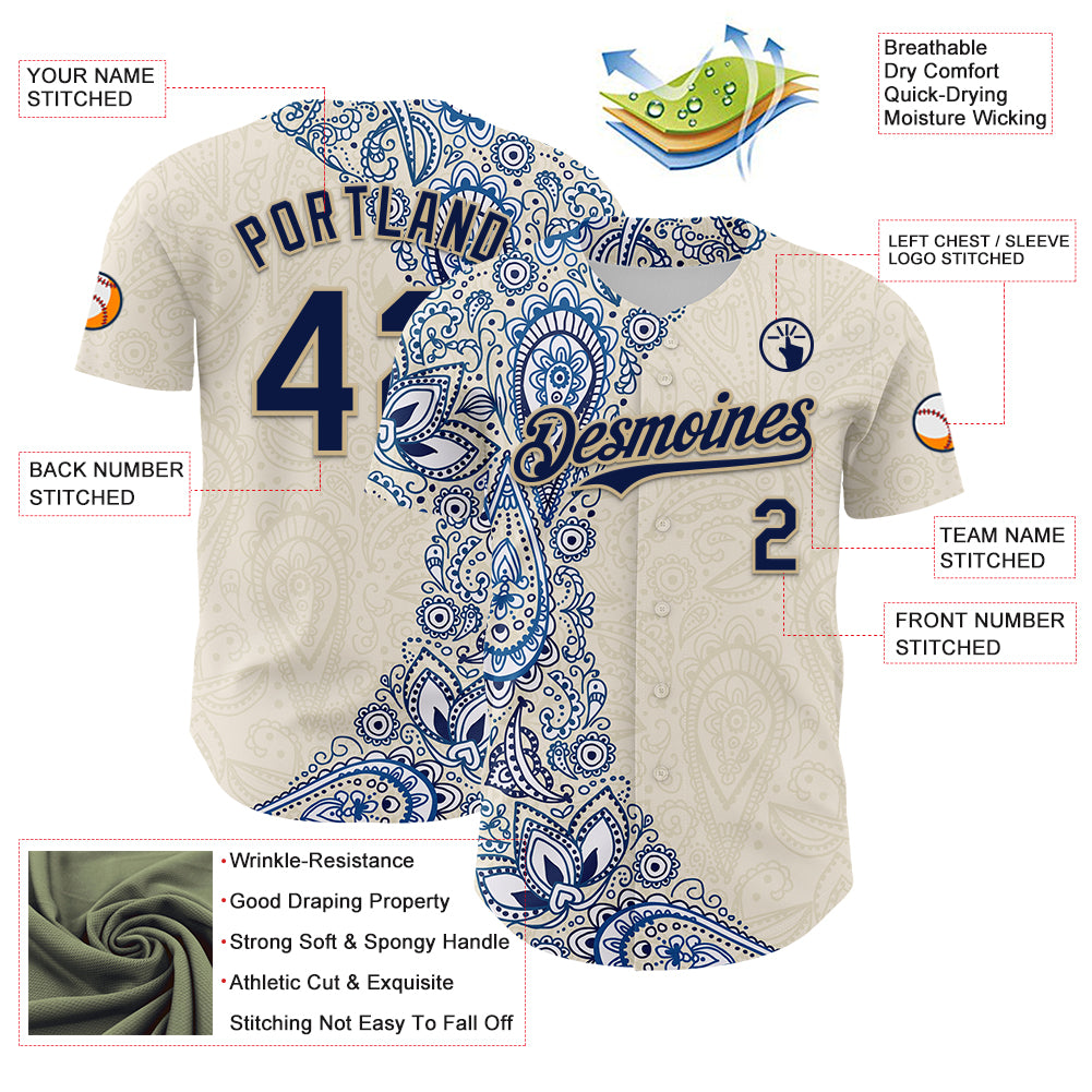 Custom Cream Navy Royal-Vegas Gold 3D Pattern Design Burner Costumes Paisley Authentic Baseball Jersey