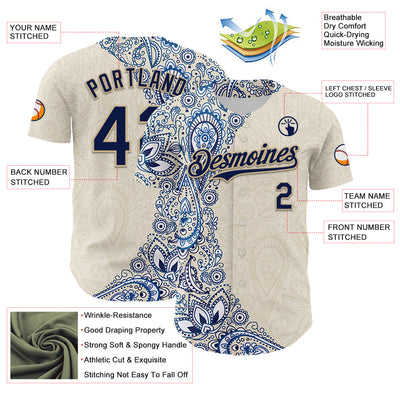 Custom Cream Navy Royal-Vegas Gold 3D Pattern Design Burner Costumes Paisley Authentic Baseball Jersey