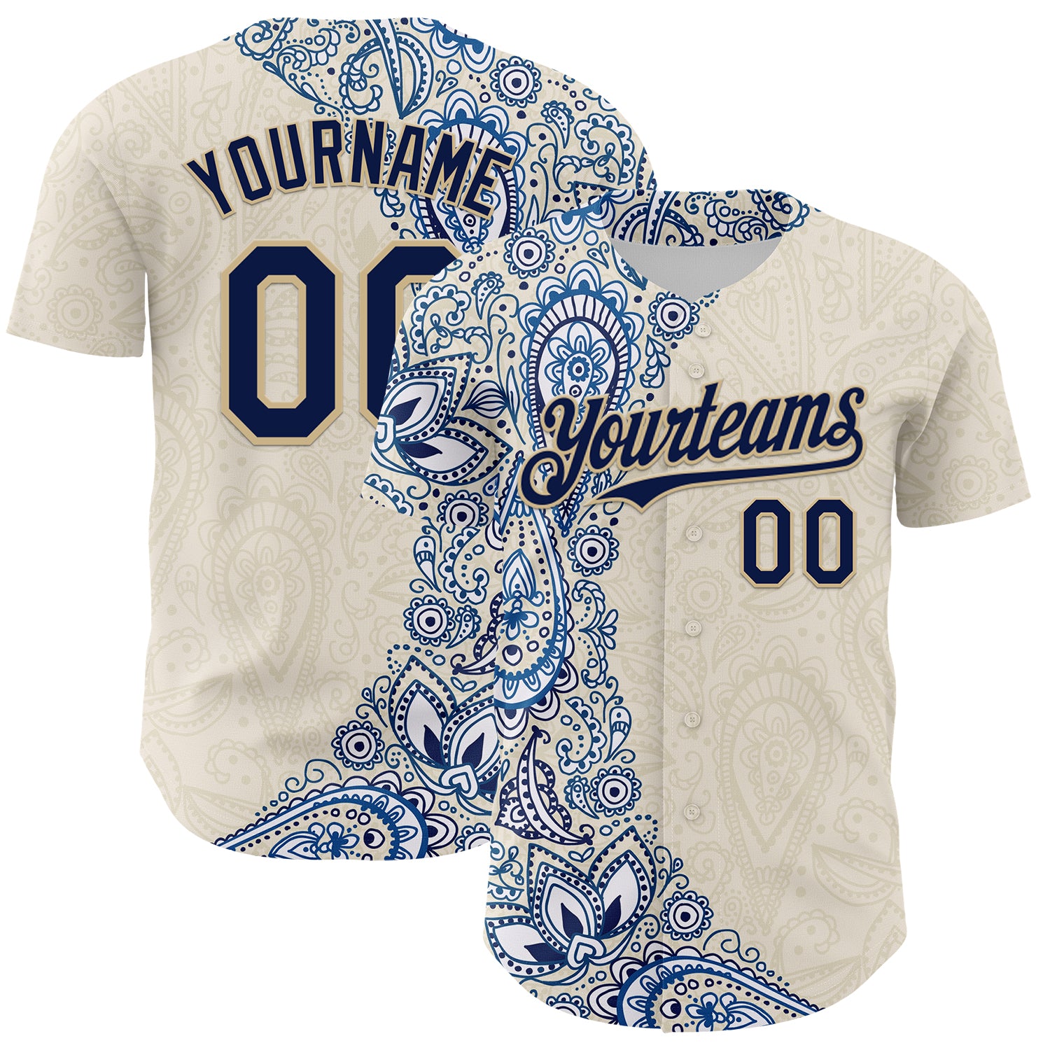 Custom Cream Navy Royal-Vegas Gold 3D Pattern Design Burner Costumes Paisley Authentic Baseball Jersey