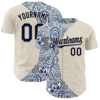 Custom Cream Navy Royal-Vegas Gold 3D Pattern Design Burner Costumes Paisley Authentic Baseball Jersey
