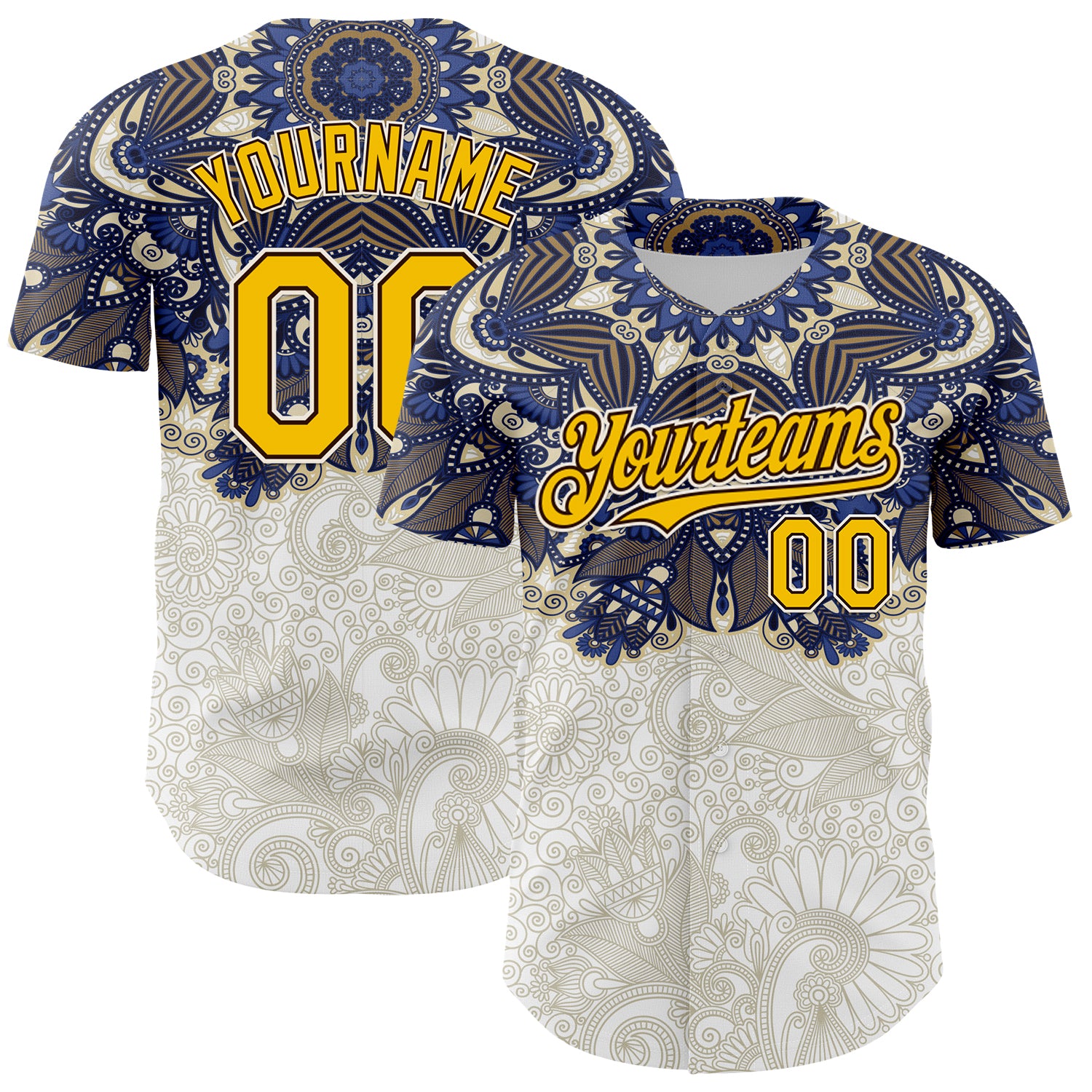 Custom White Yellow-Brown 3D Pattern Design Burner Costumes Paisley Authentic Baseball Jersey