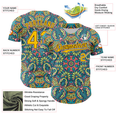 Custom Green Yellow Brown-White 3D Pattern Design Burner Costumes Exotic Authentic Baseball Jersey