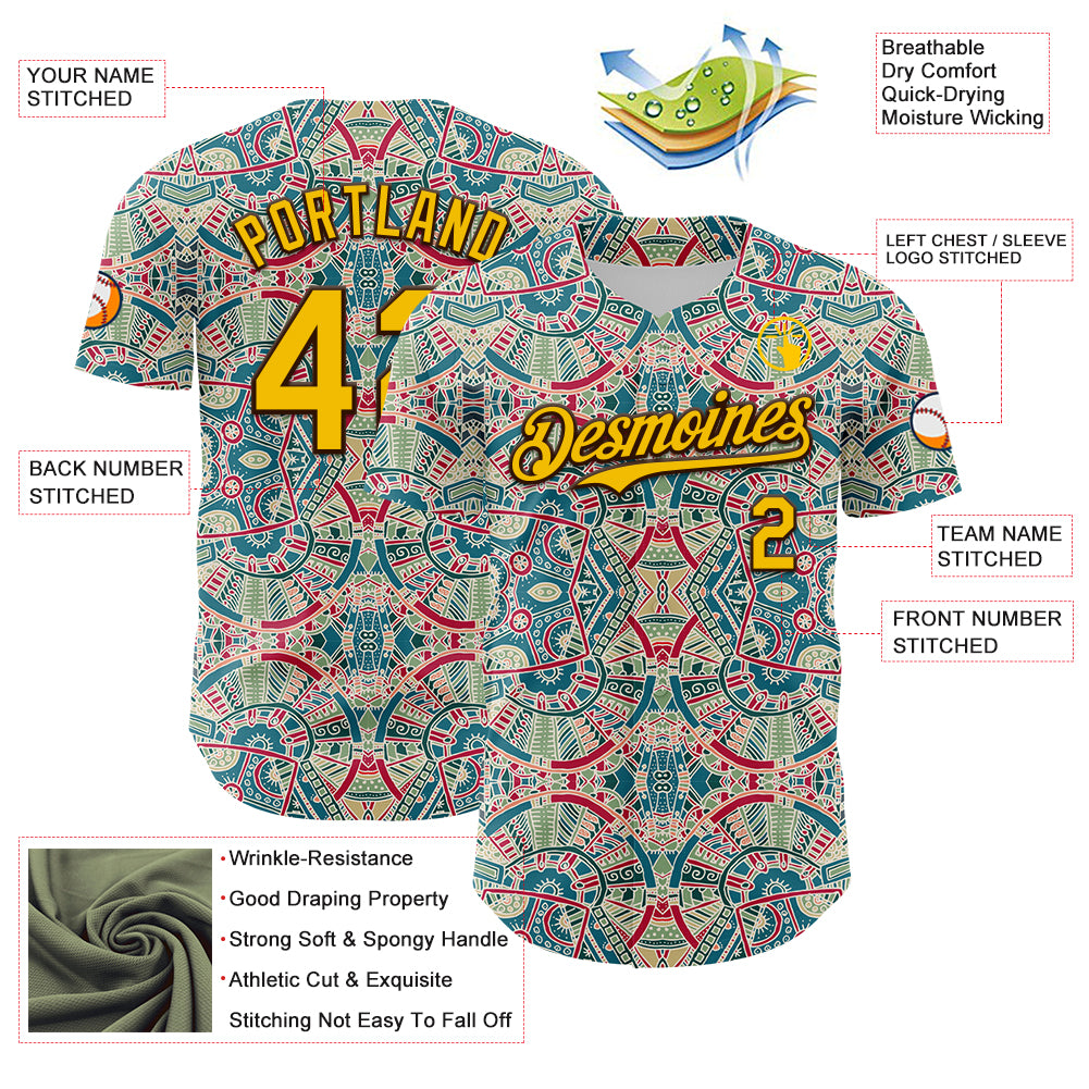 Custom Green Yellow-Brown 3D Pattern Design Burner Costumes Exotic Authentic Baseball Jersey