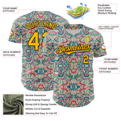 Custom Green Yellow-Brown 3D Pattern Design Burner Costumes Exotic Authentic Baseball Jersey
