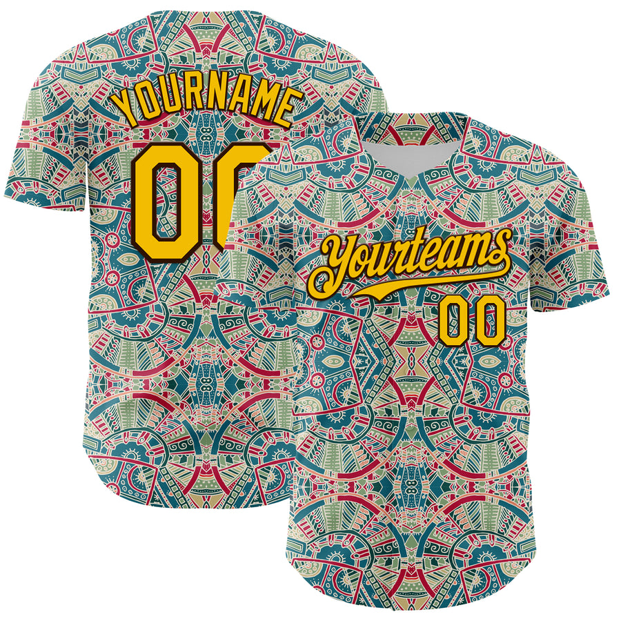 Custom Green Yellow-Brown 3D Pattern Design Burner Costumes Exotic Authentic Baseball Jersey