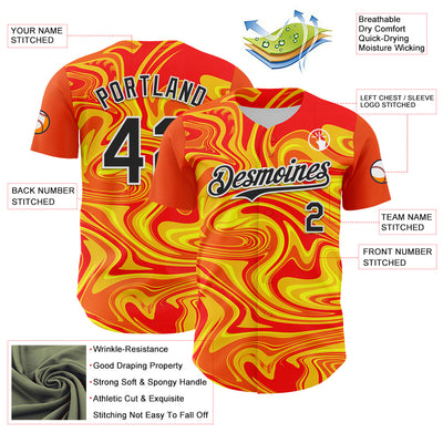 Custom Orange Black Gold-White 3D Pattern Design Rave Party Marble Lava Authentic Baseball Jersey