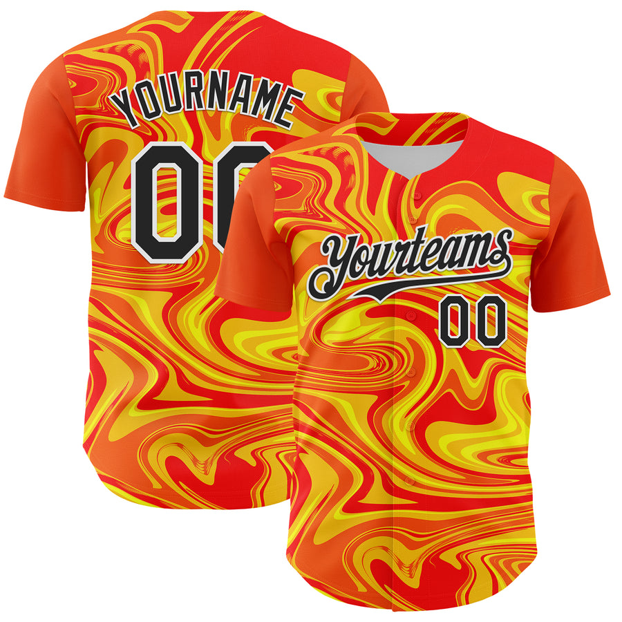 Custom Orange Black Gold-White 3D Pattern Design Rave Party Marble Lava Authentic Baseball Jersey