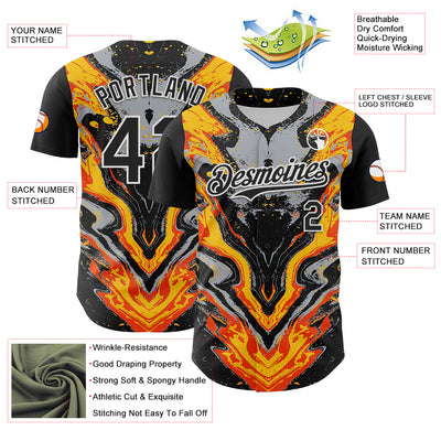 Custom Black Gray Orange Yellow-White 3D Pattern Design Rave Party Marble Lava Authentic Baseball Jersey
