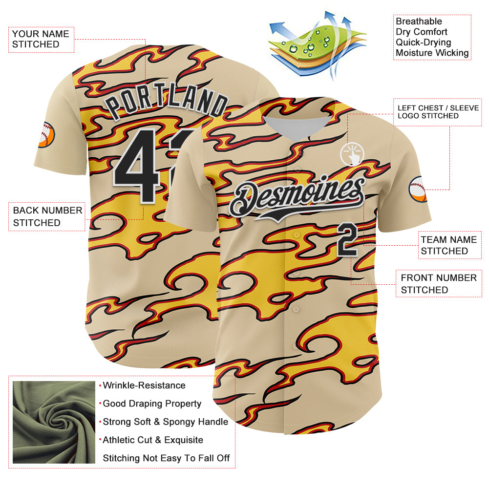 Custom City Cream Black-White 3D Pattern Design Rave Party Flame Authentic Baseball Jersey