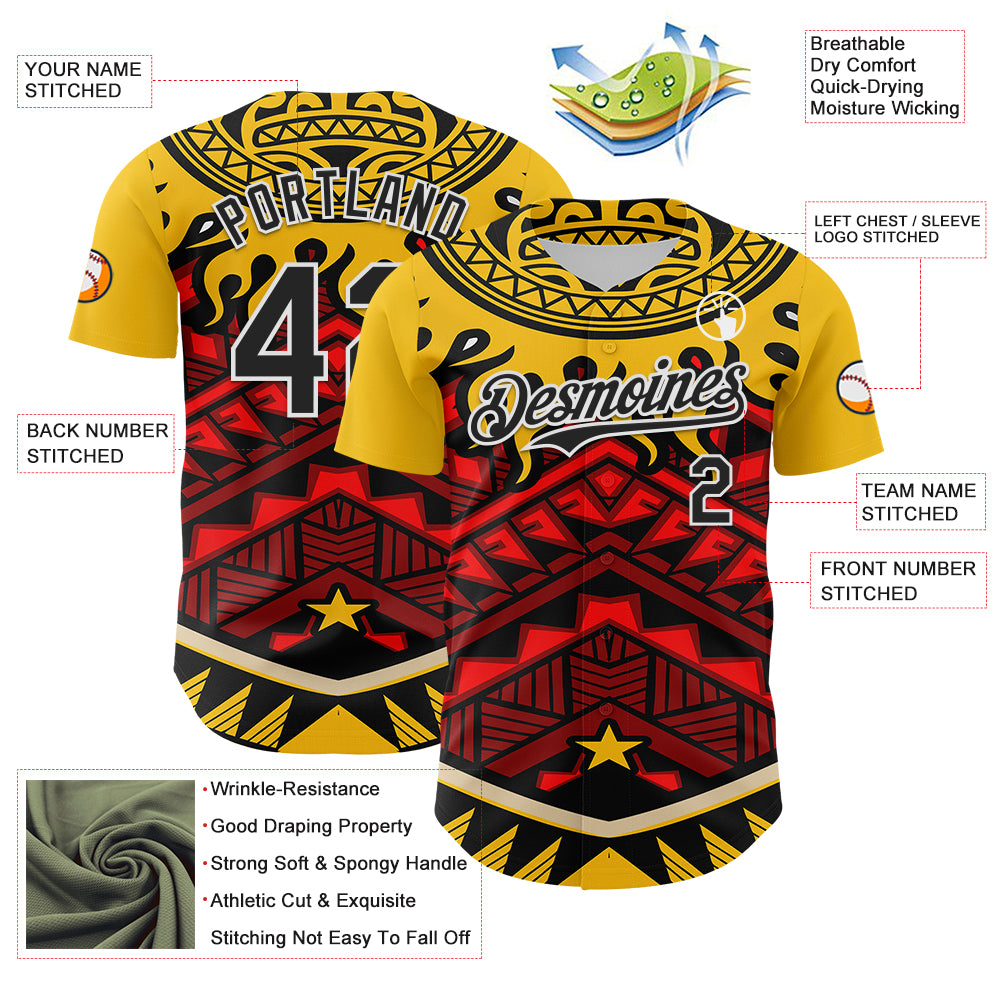 Custom Yellow Black Red-White 3D Pattern Design Rave Party Tribal Authentic Baseball Jersey