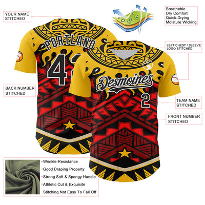Custom Yellow Black Red-White 3D Pattern Design Rave Party Tribal Authentic Baseball Jersey
