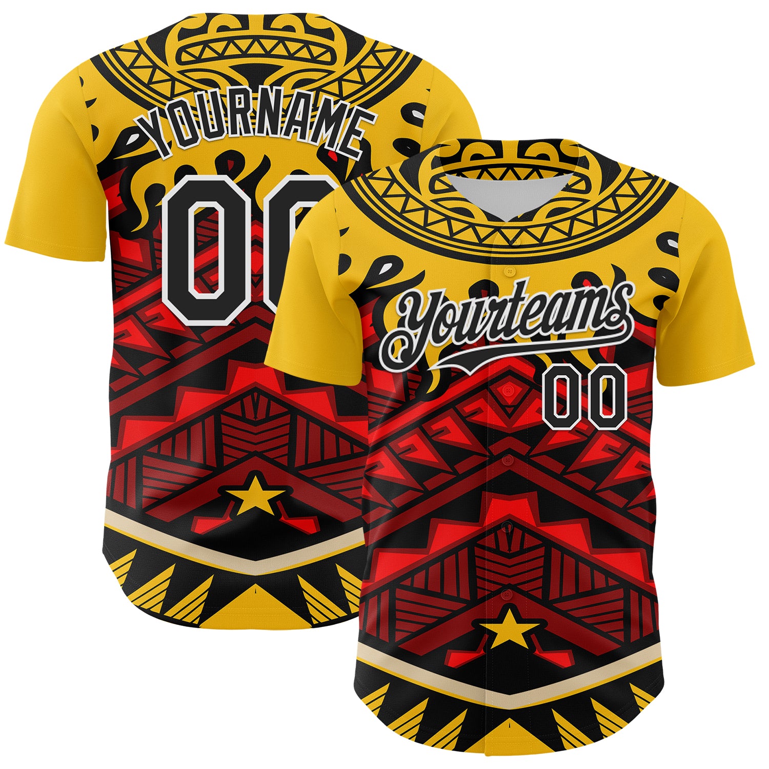 Custom Yellow Black Red-White 3D Pattern Design Rave Party Tribal Authentic Baseball Jersey