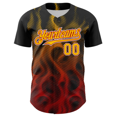 Custom Black Yellow Red-White 3D Pattern Design Rave Party Flame Authentic Baseball Jersey