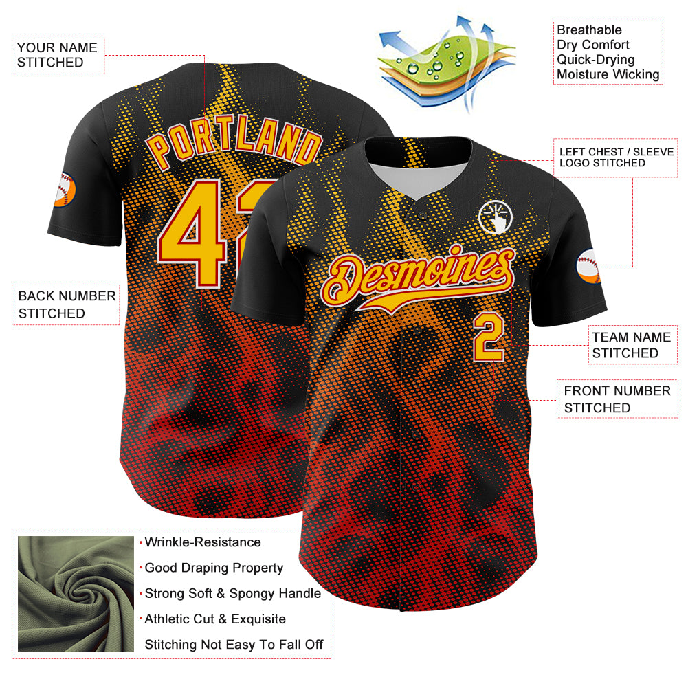 Custom Black Yellow Red-White 3D Pattern Design Rave Party Flame Authentic Baseball Jersey
