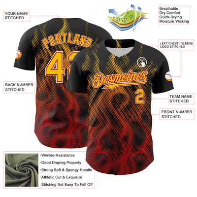 Custom Black Yellow Red-White 3D Pattern Design Rave Party Flame Authentic Baseball Jersey