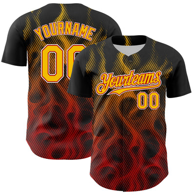 Custom Black Yellow Red-White 3D Pattern Design Rave Party Flame Authentic Baseball Jersey