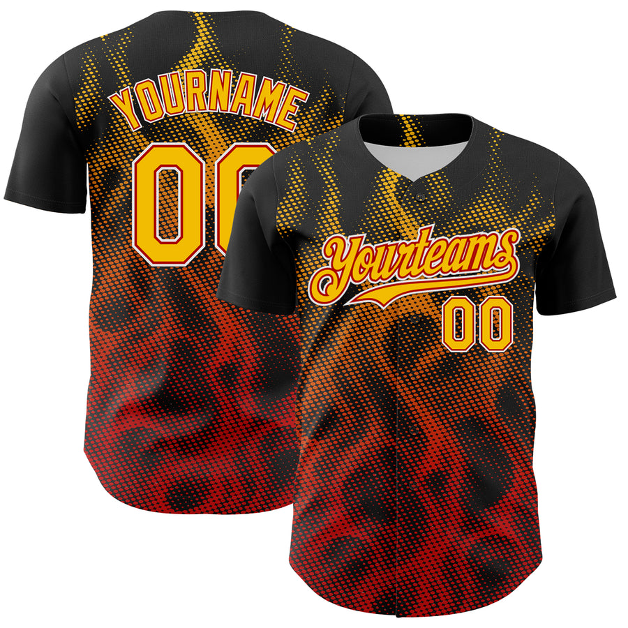 Custom Black Yellow Red-White 3D Pattern Design Rave Party Flame Authentic Baseball Jersey