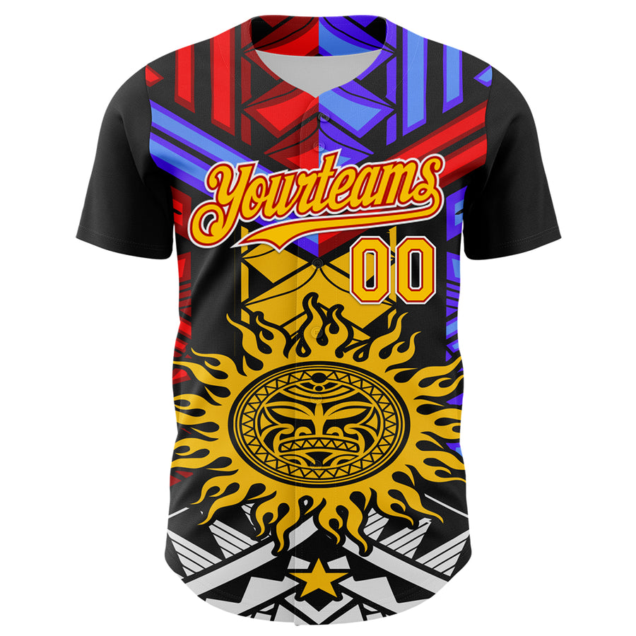 Custom Black Yellow Red-White 3D Pattern Design Rave Party Sun Tribal Authentic Baseball Jersey