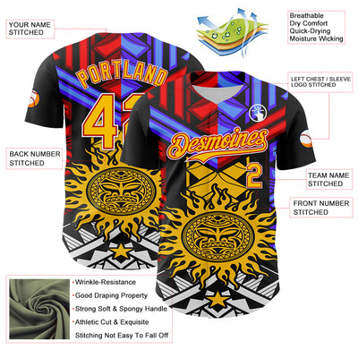 Custom Black Yellow Red-White 3D Pattern Design Rave Party Sun Tribal Authentic Baseball Jersey