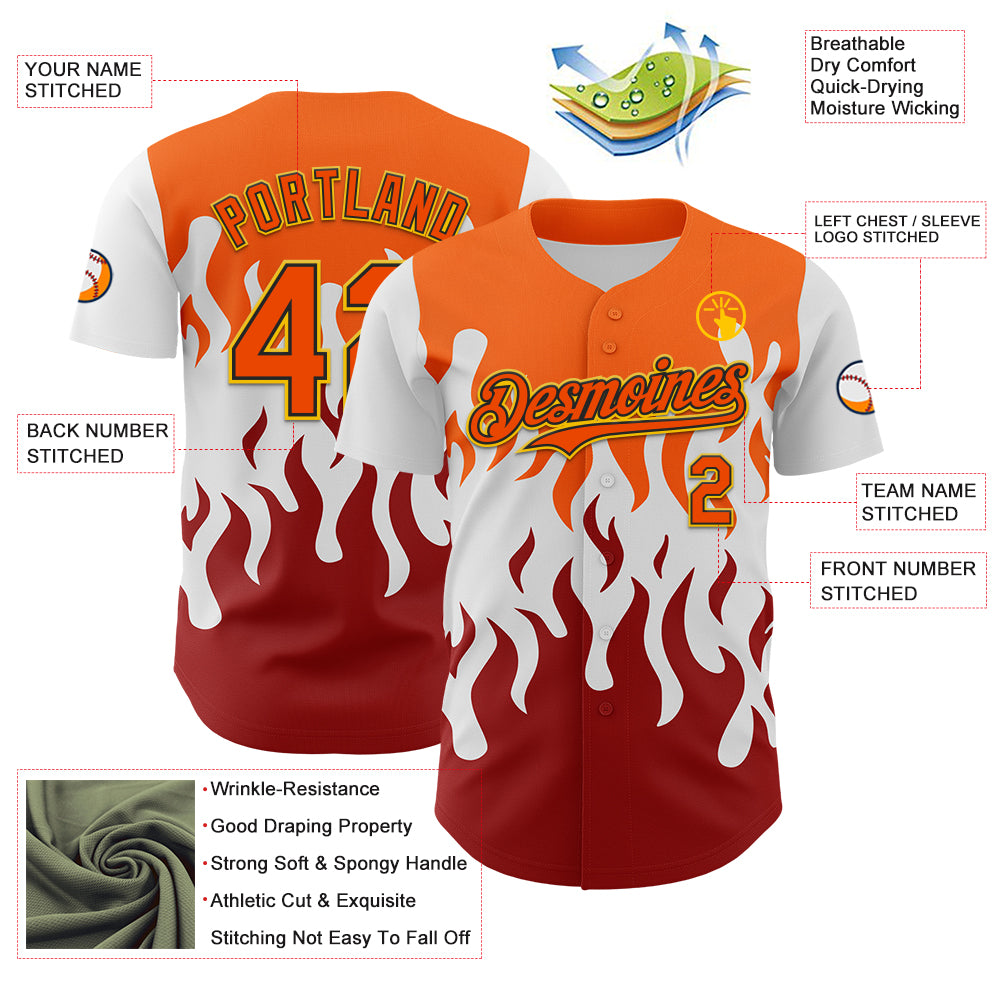 Custom White Orange Red Black-Yellow 3D Pattern Design Rave Party Flame Authentic Baseball Jersey