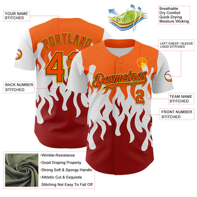 Custom White Orange Red Black-Yellow 3D Pattern Design Rave Party Flame Authentic Baseball Jersey