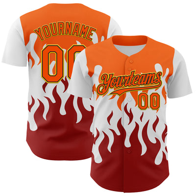 Custom White Orange Red Black-Yellow 3D Pattern Design Rave Party Flame Authentic Baseball Jersey