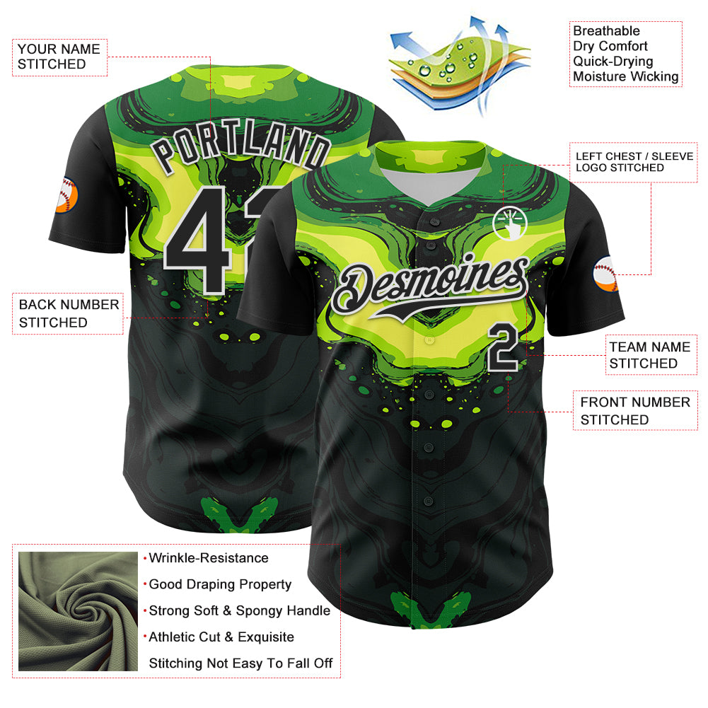 Custom Black Green-White 3D Pattern Design Rave Party Poison Liquid Authentic Baseball Jersey