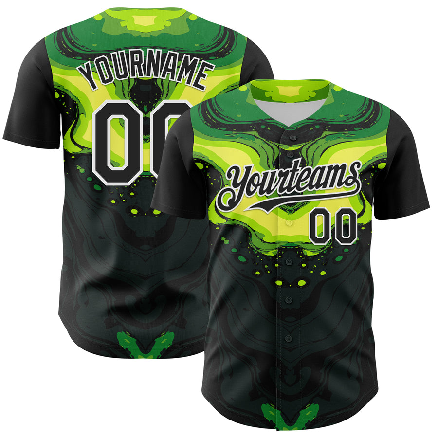 Custom Black Green-White 3D Pattern Design Rave Party Poison Liquid Authentic Baseball Jersey