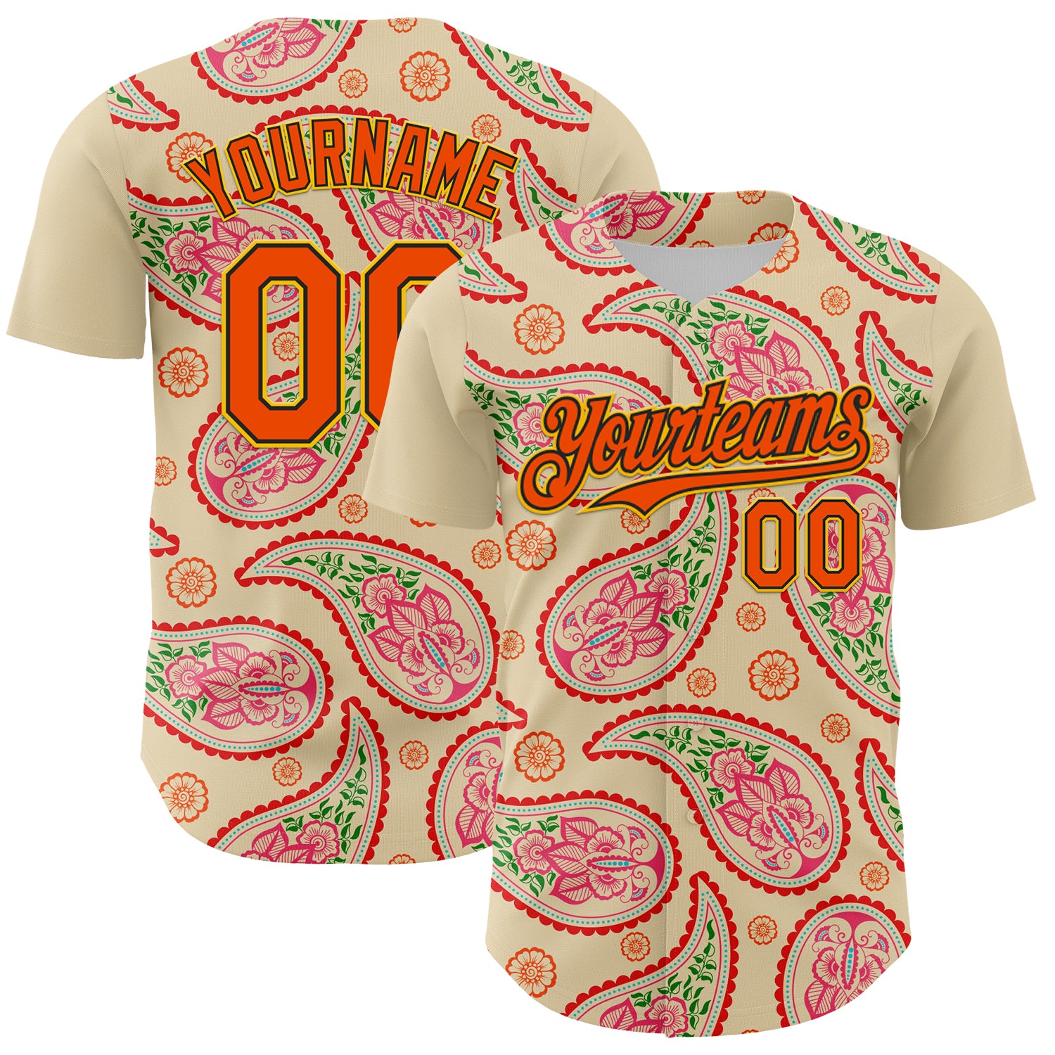 Custom Cream Orange Black-Yellow 3D Pattern Design Rave Party Paisley Bandana Authentic Baseball Jersey