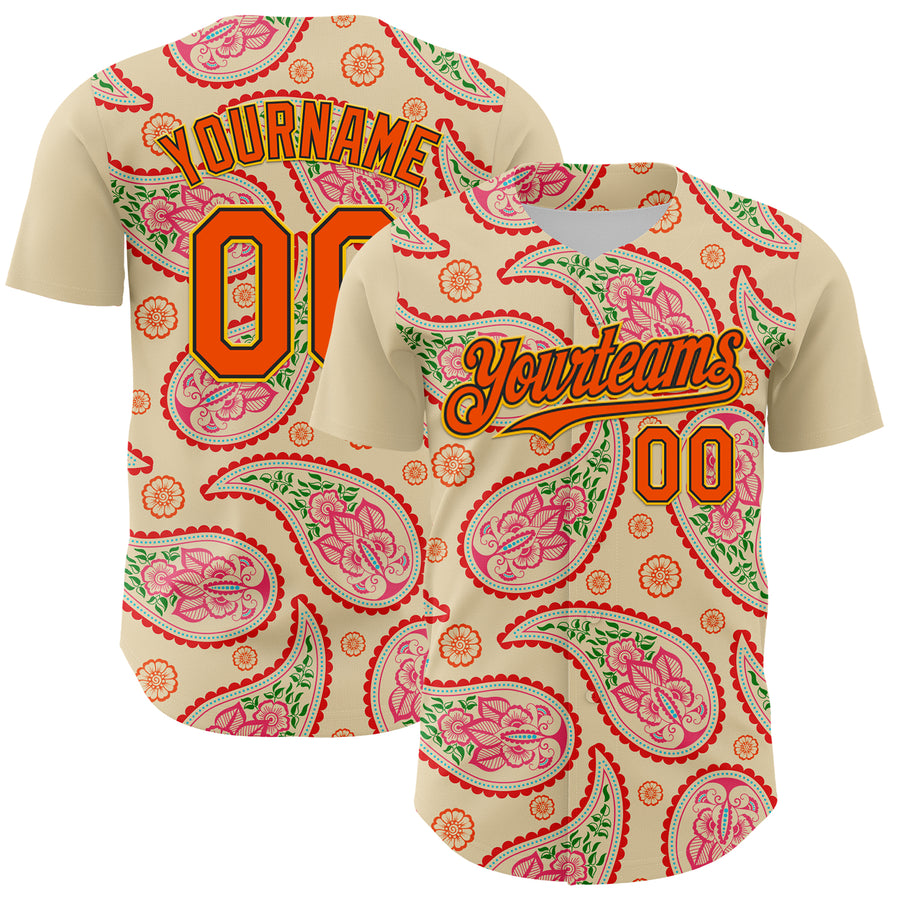Custom Cream Orange Black-Yellow 3D Pattern Design Rave Party Paisley Bandana Authentic Baseball Jersey